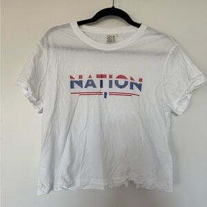 P.E Nation White Tee with Red and Blue Logo